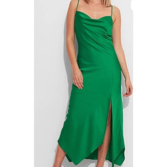 Express NWT emerald green satin slip long holiday cocktail asymmetrical dress L - Picture 2 of 12